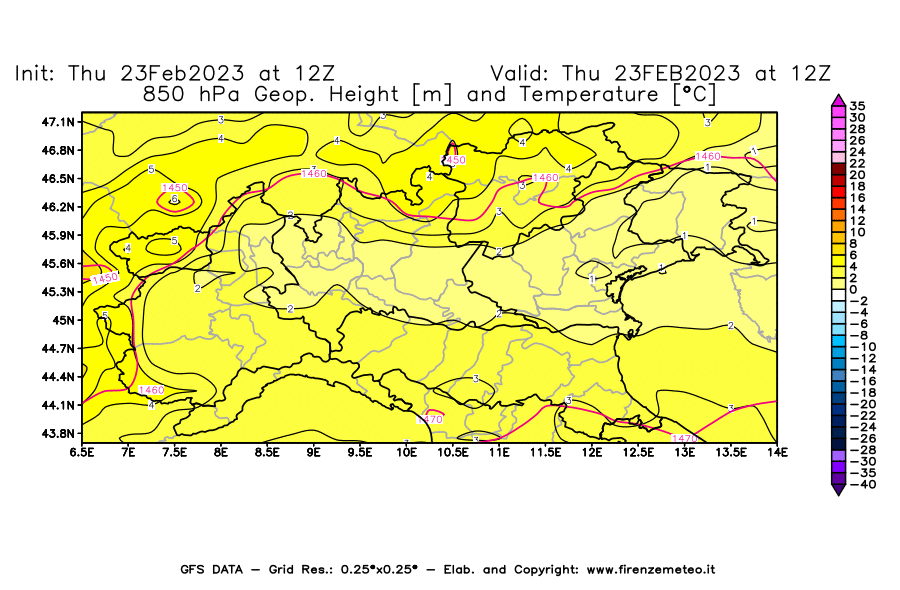 Mappa di analisi GFS - Geopotenziale [m] e Temperatura [°C] a 850 hPa in Nord-Italia
							del 23/02/2023 12 <!--googleoff: index-->UTC<!--googleon: index-->