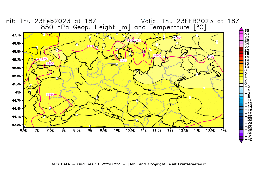 Mappa di analisi GFS - Geopotenziale [m] e Temperatura [°C] a 850 hPa in Nord-Italia
							del 23/02/2023 18 <!--googleoff: index-->UTC<!--googleon: index-->