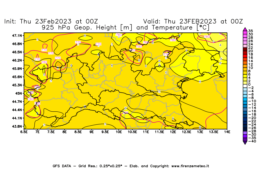 Mappa di analisi GFS - Geopotenziale [m] e Temperatura [°C] a 925 hPa in Nord-Italia
							del 23/02/2023 00 <!--googleoff: index-->UTC<!--googleon: index-->