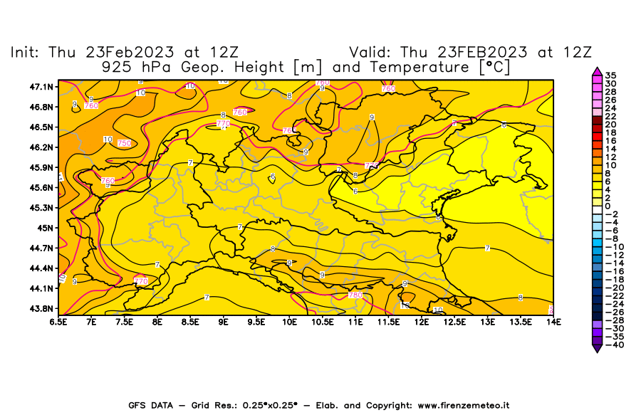 Mappa di analisi GFS - Geopotenziale [m] e Temperatura [°C] a 925 hPa in Nord-Italia
							del 23/02/2023 12 <!--googleoff: index-->UTC<!--googleon: index-->