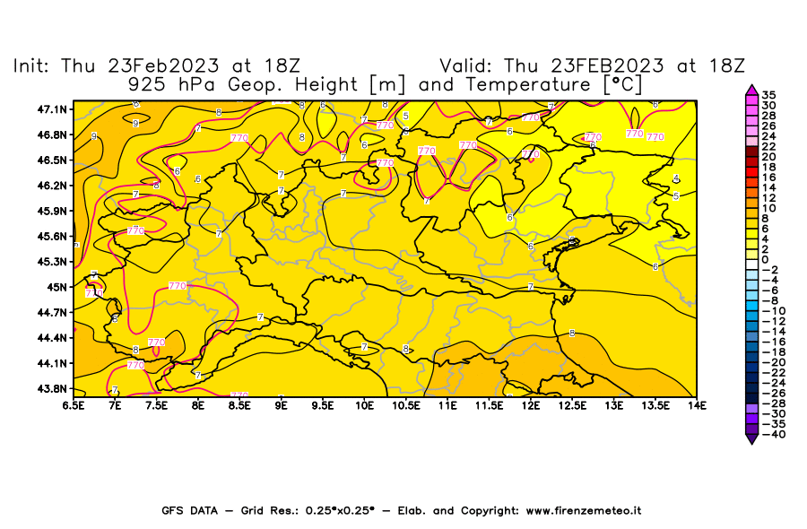 Mappa di analisi GFS - Geopotenziale [m] e Temperatura [°C] a 925 hPa in Nord-Italia
							del 23/02/2023 18 <!--googleoff: index-->UTC<!--googleon: index-->