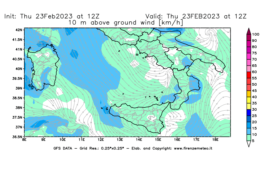 Mappa di analisi GFS - Velocità del vento a 10 metri dal suolo [km/h] in Sud-Italia
							del 23/02/2023 12 <!--googleoff: index-->UTC<!--googleon: index-->