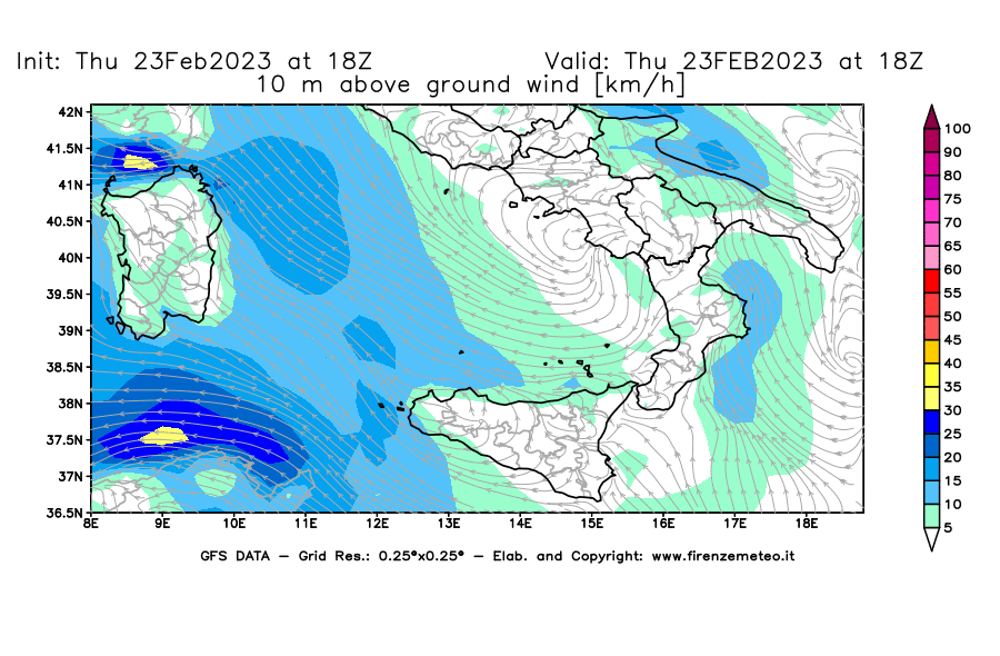 Mappa di analisi GFS - Velocità del vento a 10 metri dal suolo [km/h] in Sud-Italia
							del 23/02/2023 18 <!--googleoff: index-->UTC<!--googleon: index-->