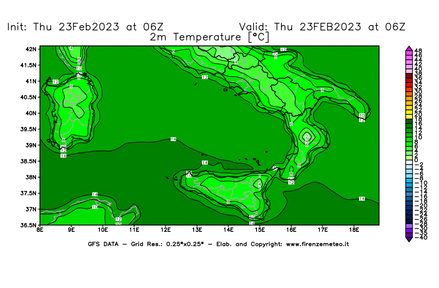 Mappa di analisi GFS - Temperatura a 2 metri dal suolo [°C] in Sud-Italia
							del 23/02/2023 06 <!--googleoff: index-->UTC<!--googleon: index-->