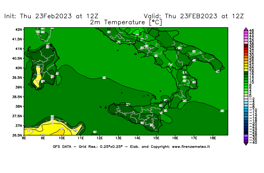 Mappa di analisi GFS - Temperatura a 2 metri dal suolo [°C] in Sud-Italia
							del 23/02/2023 12 <!--googleoff: index-->UTC<!--googleon: index-->
