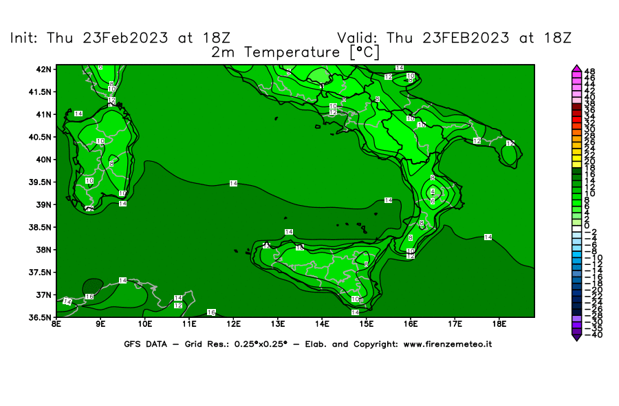 Mappa di analisi GFS - Temperatura a 2 metri dal suolo [°C] in Sud-Italia
							del 23/02/2023 18 <!--googleoff: index-->UTC<!--googleon: index-->
