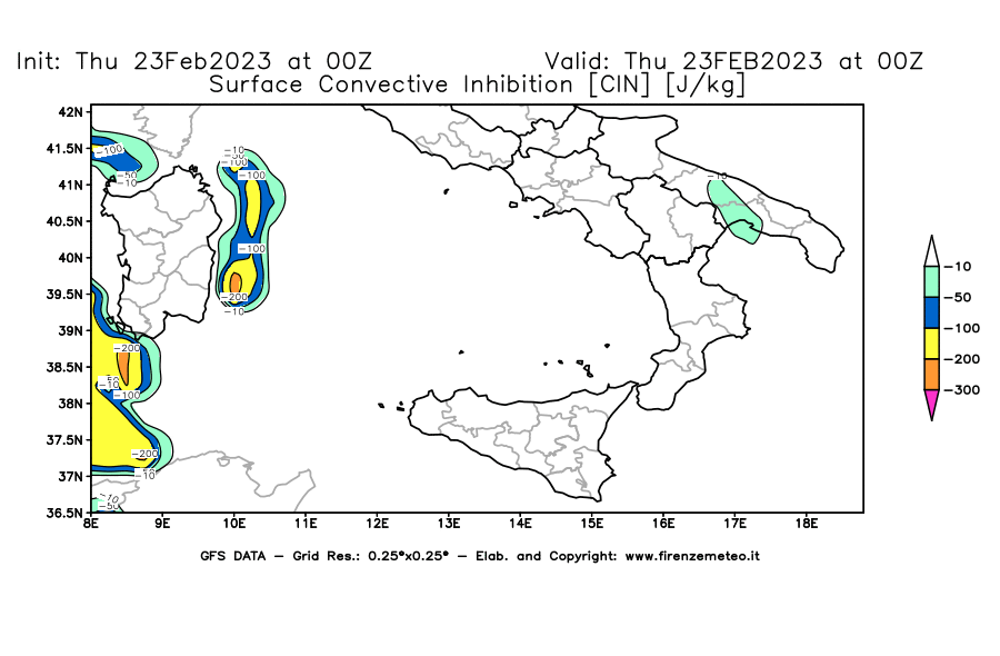 Mappa di analisi GFS - CIN [J/kg] in Sud-Italia
							del 23/02/2023 00 <!--googleoff: index-->UTC<!--googleon: index-->