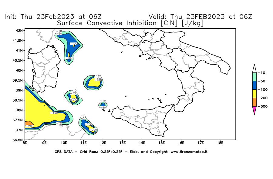 Mappa di analisi GFS - CIN [J/kg] in Sud-Italia
							del 23/02/2023 06 <!--googleoff: index-->UTC<!--googleon: index-->