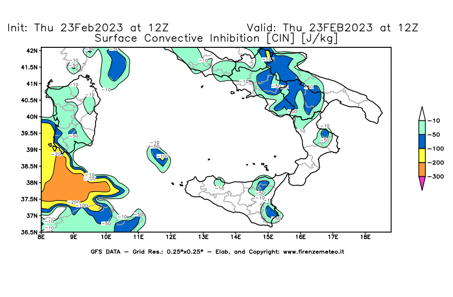 Mappa di analisi GFS - CIN [J/kg] in Sud-Italia
							del 23/02/2023 12 <!--googleoff: index-->UTC<!--googleon: index-->