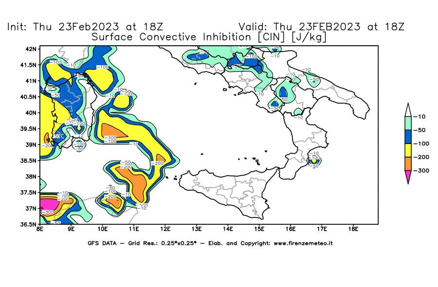 Mappa di analisi GFS - CIN [J/kg] in Sud-Italia
							del 23/02/2023 18 <!--googleoff: index-->UTC<!--googleon: index-->