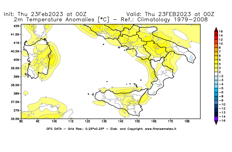 Mappa di analisi GFS - Anomalia Temperatura [°C] a 2 m in Sud-Italia
							del 23/02/2023 00 <!--googleoff: index-->UTC<!--googleon: index-->