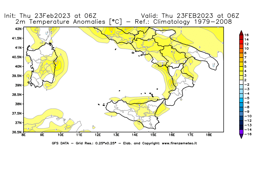Mappa di analisi GFS - Anomalia Temperatura [°C] a 2 m in Sud-Italia
							del 23/02/2023 06 <!--googleoff: index-->UTC<!--googleon: index-->