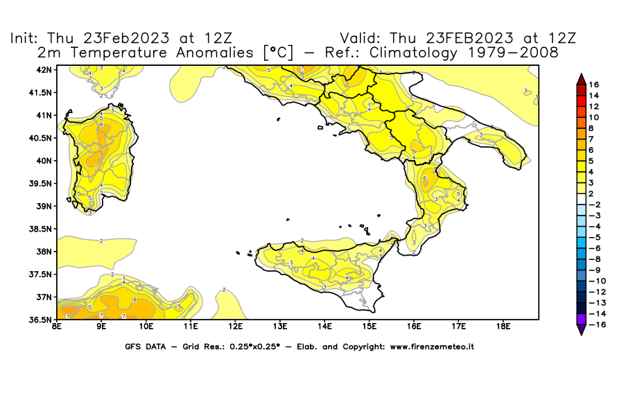 Mappa di analisi GFS - Anomalia Temperatura [°C] a 2 m in Sud-Italia
							del 23/02/2023 12 <!--googleoff: index-->UTC<!--googleon: index-->
