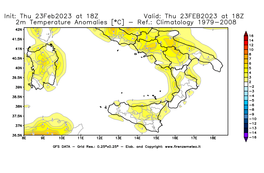 Mappa di analisi GFS - Anomalia Temperatura [°C] a 2 m in Sud-Italia
							del 23/02/2023 18 <!--googleoff: index-->UTC<!--googleon: index-->