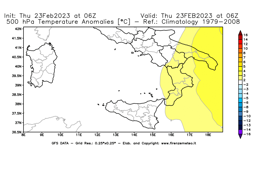 Mappa di analisi GFS - Anomalia Temperatura [°C] a 500 hPa in Sud-Italia
							del 23/02/2023 06 <!--googleoff: index-->UTC<!--googleon: index-->