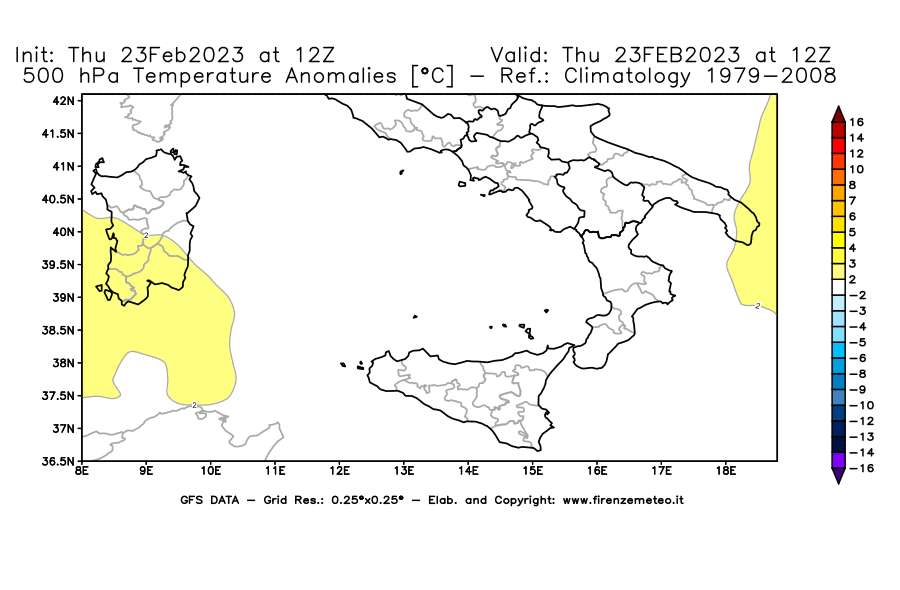 Mappa di analisi GFS - Anomalia Temperatura [°C] a 500 hPa in Sud-Italia
							del 23/02/2023 12 <!--googleoff: index-->UTC<!--googleon: index-->