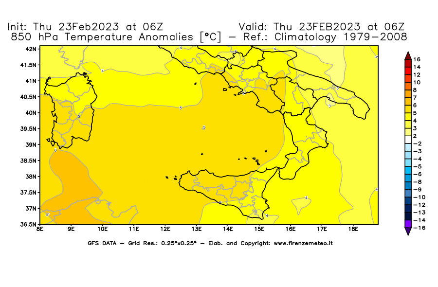 Mappa di analisi GFS - Anomalia Temperatura [°C] a 850 hPa in Sud-Italia
							del 23/02/2023 06 <!--googleoff: index-->UTC<!--googleon: index-->