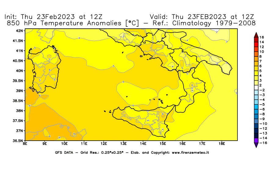 Mappa di analisi GFS - Anomalia Temperatura [°C] a 850 hPa in Sud-Italia
							del 23/02/2023 12 <!--googleoff: index-->UTC<!--googleon: index-->