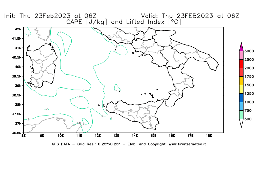 Mappa di analisi GFS - CAPE [J/kg] e Lifted Index [°C] in Sud-Italia
							del 23/02/2023 06 <!--googleoff: index-->UTC<!--googleon: index-->