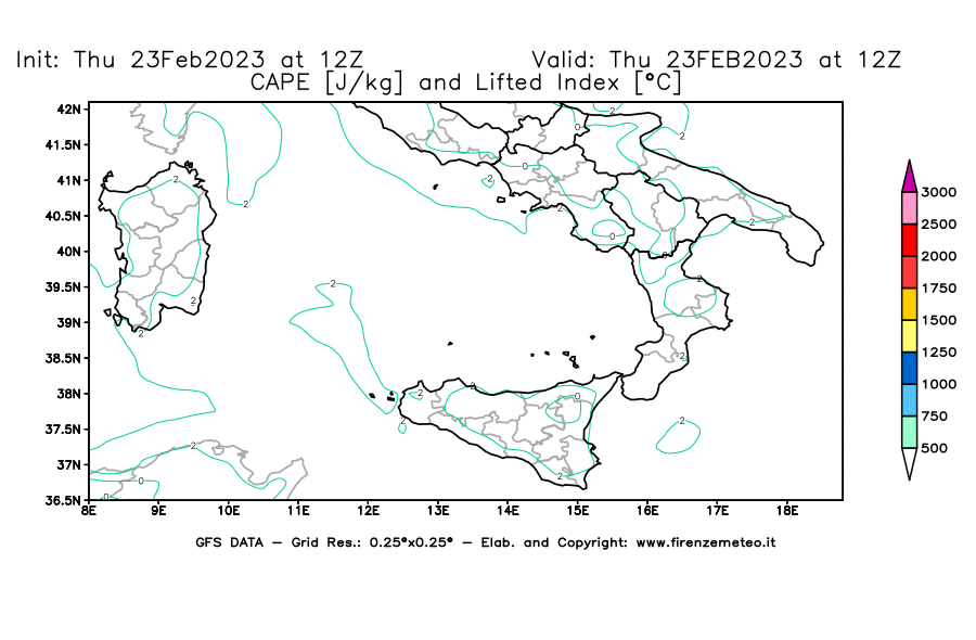 Mappa di analisi GFS - CAPE [J/kg] e Lifted Index [°C] in Sud-Italia
							del 23/02/2023 12 <!--googleoff: index-->UTC<!--googleon: index-->