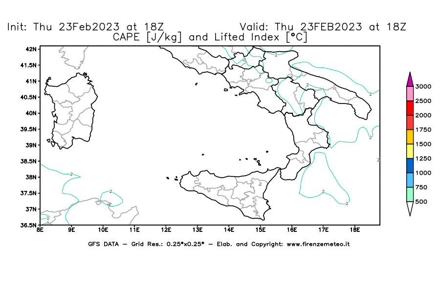 Mappa di analisi GFS - CAPE [J/kg] e Lifted Index [°C] in Sud-Italia
							del 23/02/2023 18 <!--googleoff: index-->UTC<!--googleon: index-->