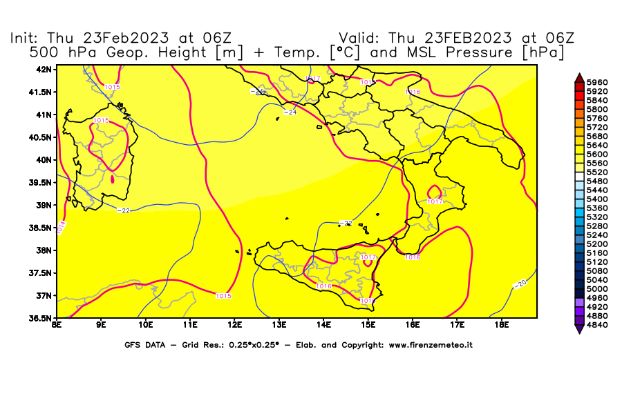 Mappa di analisi GFS - Geopotenziale [m] + Temp. [°C] a 500 hPa + Press. a livello del mare [hPa] in Sud-Italia
							del 23/02/2023 06 <!--googleoff: index-->UTC<!--googleon: index-->
