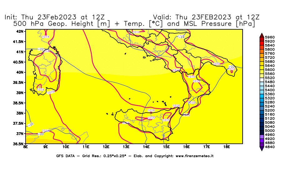 Mappa di analisi GFS - Geopotenziale [m] + Temp. [°C] a 500 hPa + Press. a livello del mare [hPa] in Sud-Italia
							del 23/02/2023 12 <!--googleoff: index-->UTC<!--googleon: index-->
