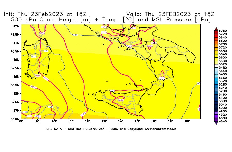 Mappa di analisi GFS - Geopotenziale [m] + Temp. [°C] a 500 hPa + Press. a livello del mare [hPa] in Sud-Italia
							del 23/02/2023 18 <!--googleoff: index-->UTC<!--googleon: index-->