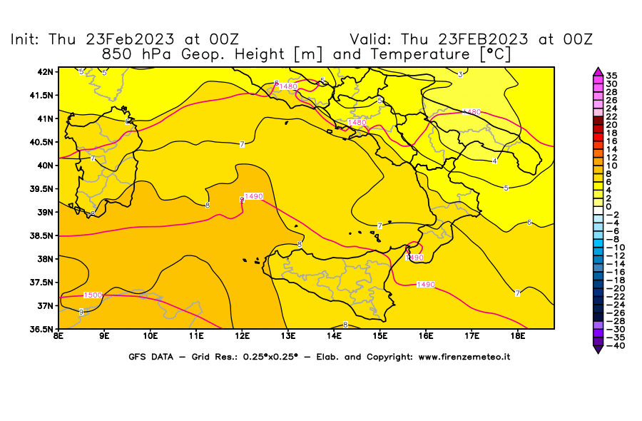 Mappa di analisi GFS - Geopotenziale [m] e Temperatura [°C] a 850 hPa in Sud-Italia
							del 23/02/2023 00 <!--googleoff: index-->UTC<!--googleon: index-->