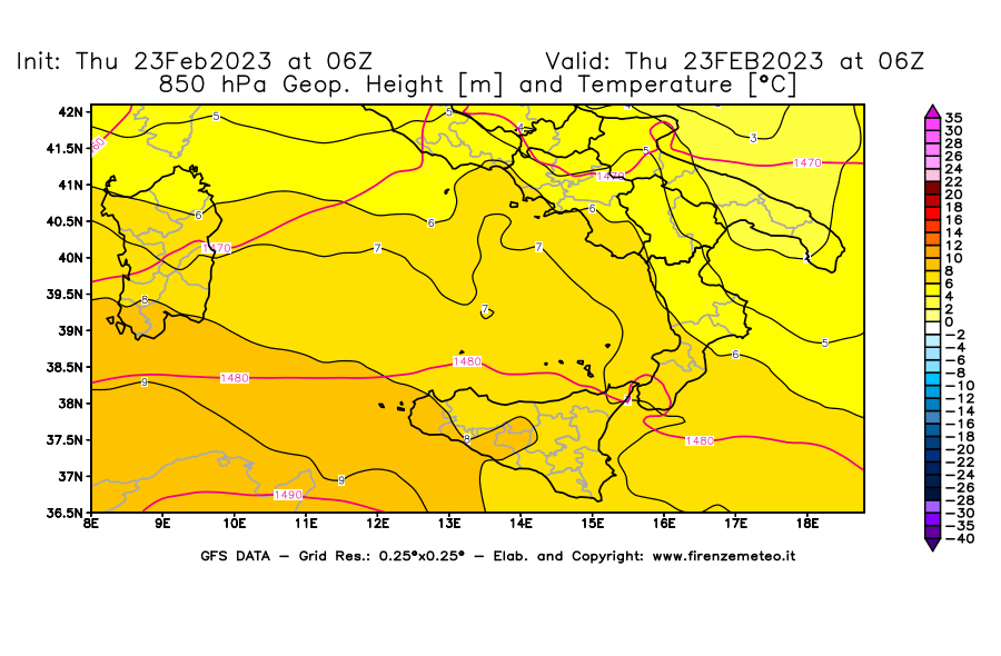 Mappa di analisi GFS - Geopotenziale [m] e Temperatura [°C] a 850 hPa in Sud-Italia
							del 23/02/2023 06 <!--googleoff: index-->UTC<!--googleon: index-->
