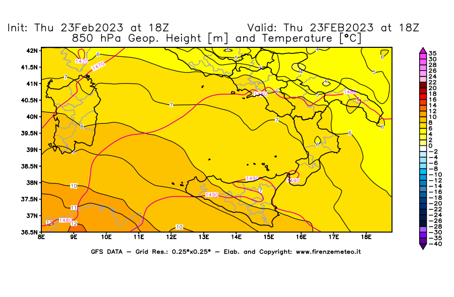 Mappa di analisi GFS - Geopotenziale [m] e Temperatura [°C] a 850 hPa in Sud-Italia
							del 23/02/2023 18 <!--googleoff: index-->UTC<!--googleon: index-->