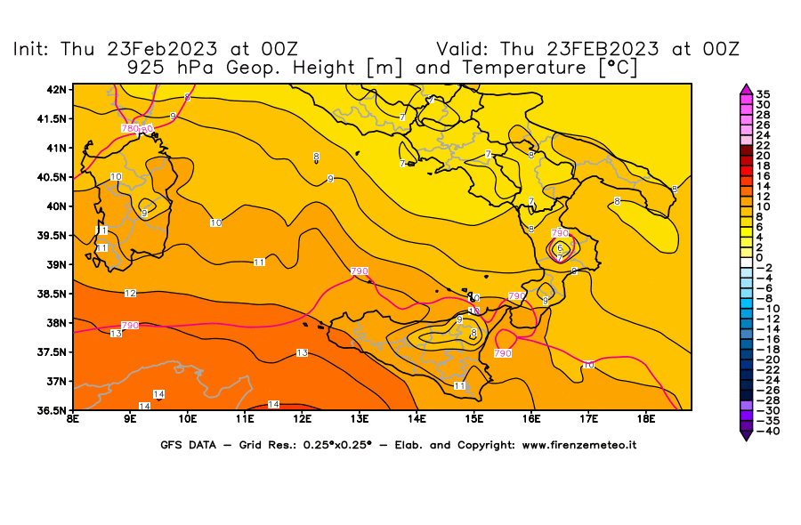Mappa di analisi GFS - Geopotenziale [m] e Temperatura [°C] a 925 hPa in Sud-Italia
							del 23/02/2023 00 <!--googleoff: index-->UTC<!--googleon: index-->