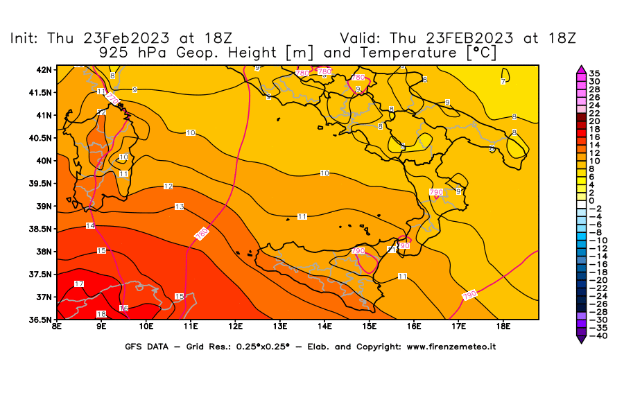 Mappa di analisi GFS - Geopotenziale [m] e Temperatura [°C] a 925 hPa in Sud-Italia
							del 23/02/2023 18 <!--googleoff: index-->UTC<!--googleon: index-->