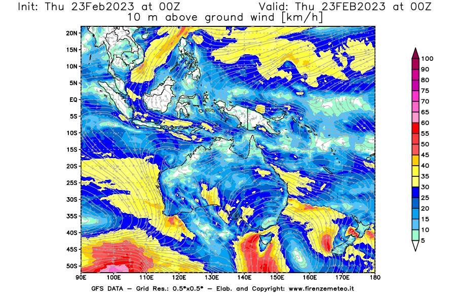 Mappa di analisi GFS - Velocità del vento a 10 metri dal suolo [km/h] in Oceania
							del 23/02/2023 00 <!--googleoff: index-->UTC<!--googleon: index-->