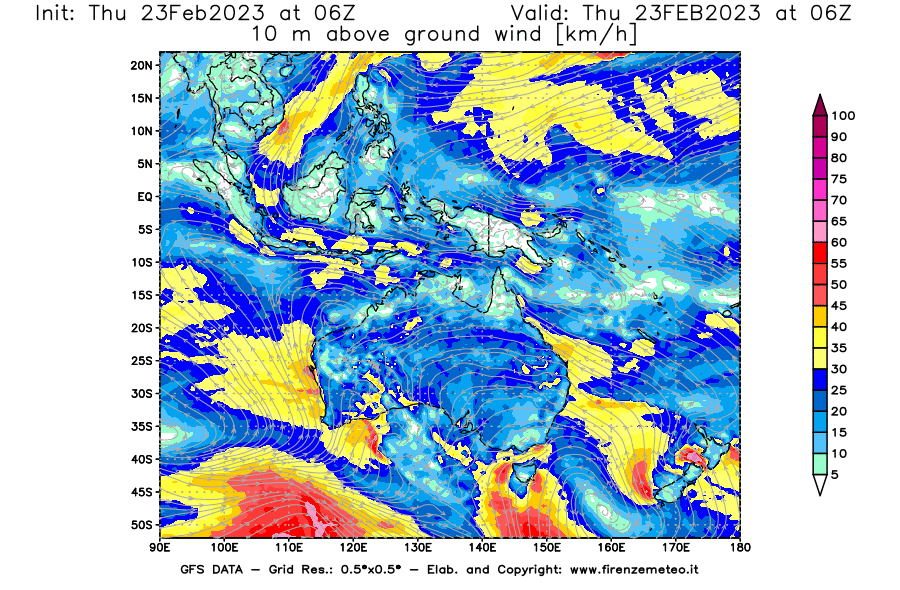 Mappa di analisi GFS - Velocità del vento a 10 metri dal suolo [km/h] in Oceania
							del 23/02/2023 06 <!--googleoff: index-->UTC<!--googleon: index-->