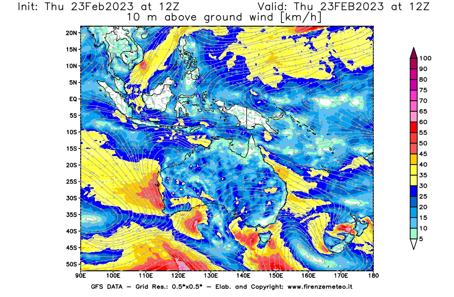 Mappa di analisi GFS - Velocità del vento a 10 metri dal suolo [km/h] in Oceania
							del 23/02/2023 12 <!--googleoff: index-->UTC<!--googleon: index-->