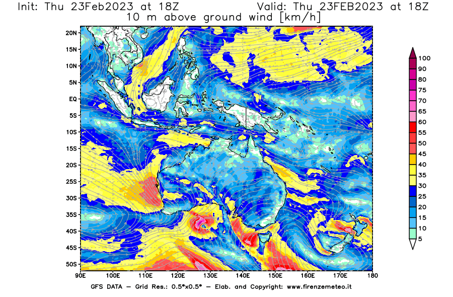 Mappa di analisi GFS - Velocità del vento a 10 metri dal suolo [km/h] in Oceania
							del 23/02/2023 18 <!--googleoff: index-->UTC<!--googleon: index-->