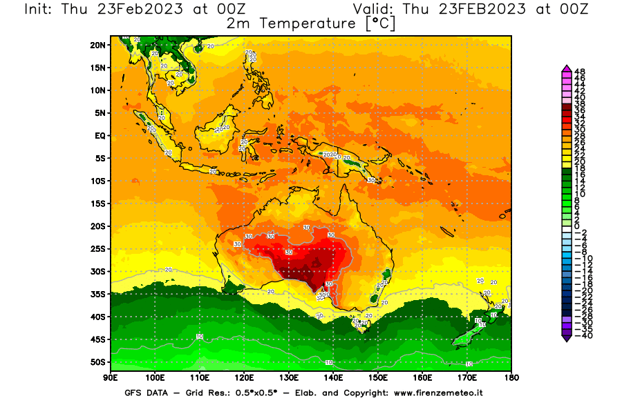Mappa di analisi GFS - Temperatura a 2 metri dal suolo [°C] in Oceania
							del 23/02/2023 00 <!--googleoff: index-->UTC<!--googleon: index-->