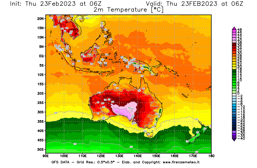 Mappa di analisi GFS - Temperatura a 2 metri dal suolo [°C] in Oceania
							del 23/02/2023 06 <!--googleoff: index-->UTC<!--googleon: index-->