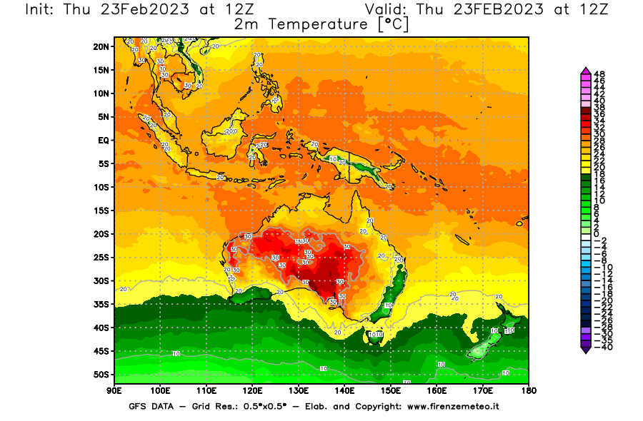 Mappa di analisi GFS - Temperatura a 2 metri dal suolo [°C] in Oceania
							del 23/02/2023 12 <!--googleoff: index-->UTC<!--googleon: index-->