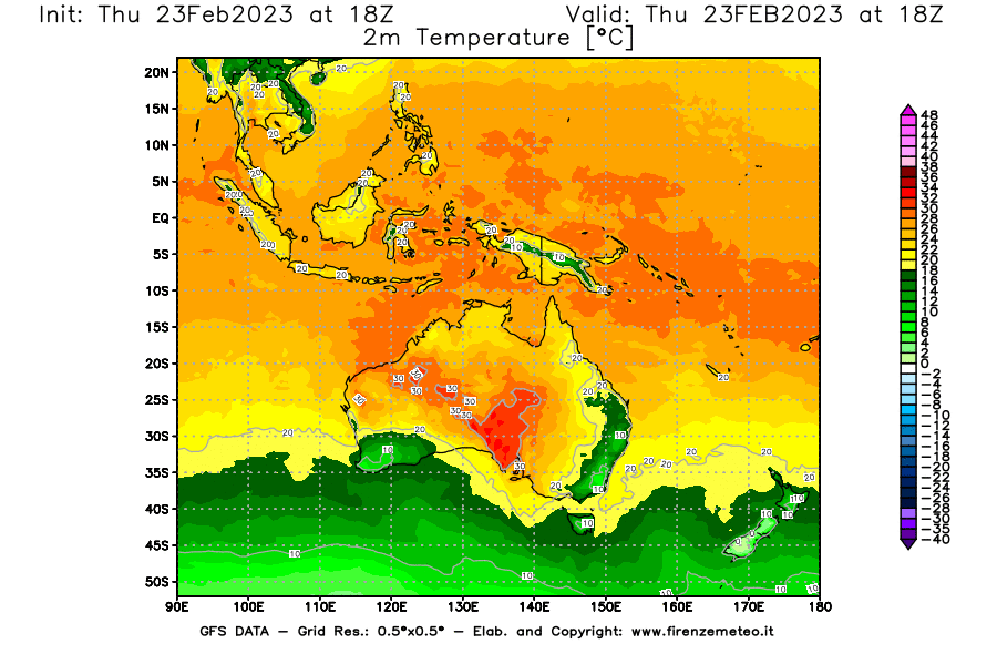 Mappa di analisi GFS - Temperatura a 2 metri dal suolo [°C] in Oceania
							del 23/02/2023 18 <!--googleoff: index-->UTC<!--googleon: index-->