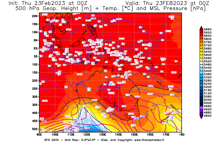 Mappa di analisi GFS - Geopotenziale [m] + Temp. [°C] a 500 hPa + Press. a livello del mare [hPa] in Oceania
							del 23/02/2023 00 <!--googleoff: index-->UTC<!--googleon: index-->