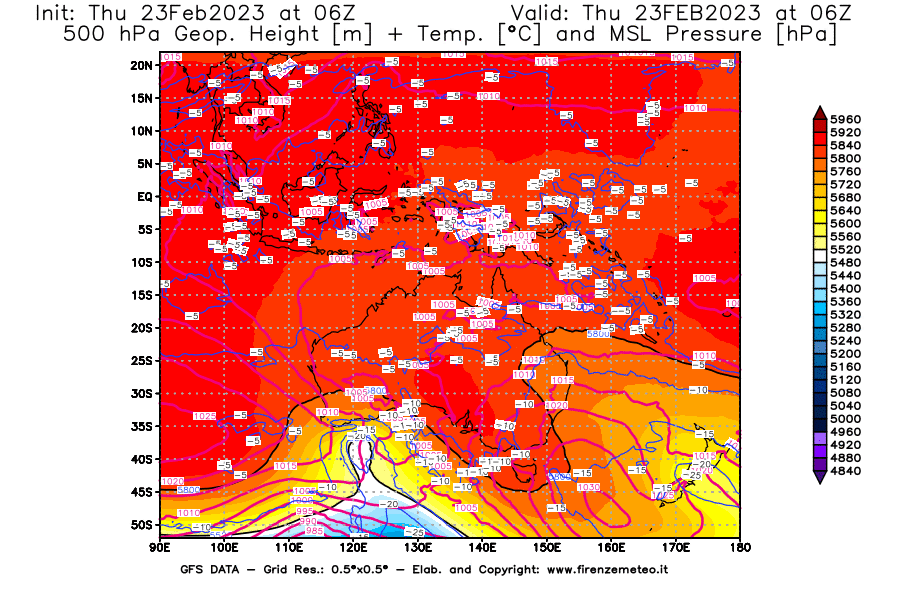 Mappa di analisi GFS - Geopotenziale [m] + Temp. [°C] a 500 hPa + Press. a livello del mare [hPa] in Oceania
							del 23/02/2023 06 <!--googleoff: index-->UTC<!--googleon: index-->