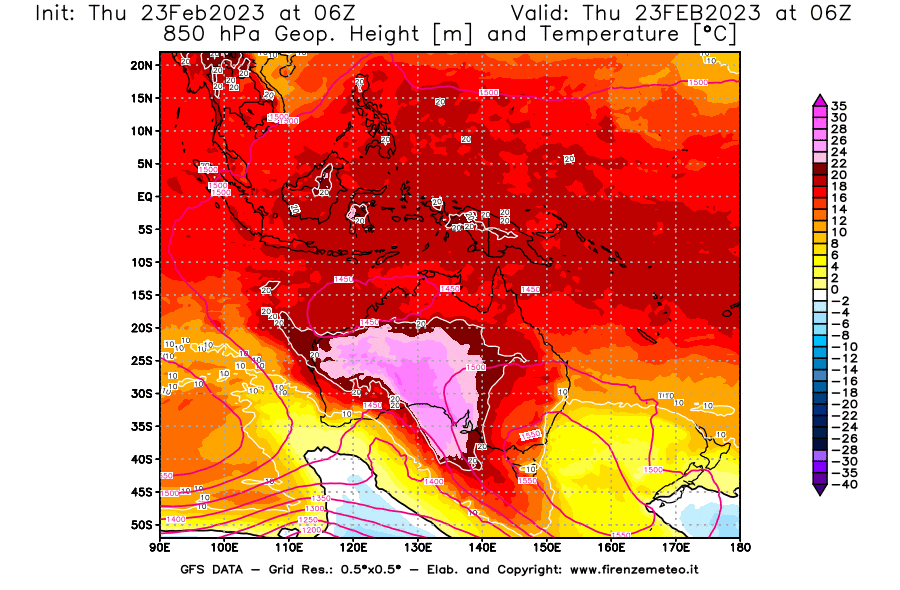 Mappa di analisi GFS - Geopotenziale [m] e Temperatura [°C] a 850 hPa in Oceania
							del 23/02/2023 06 <!--googleoff: index-->UTC<!--googleon: index-->