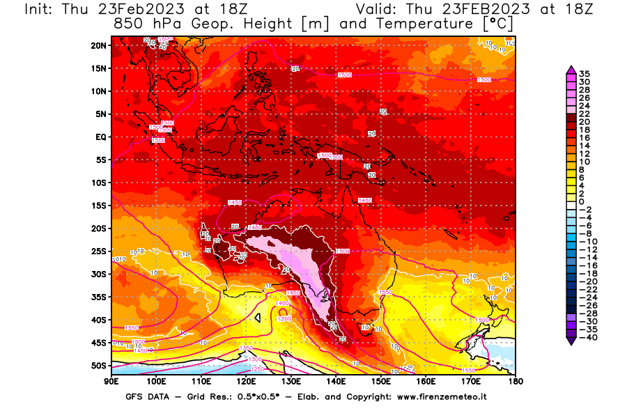 Mappa di analisi GFS - Geopotenziale [m] e Temperatura [°C] a 850 hPa in Oceania
							del 23/02/2023 18 <!--googleoff: index-->UTC<!--googleon: index-->