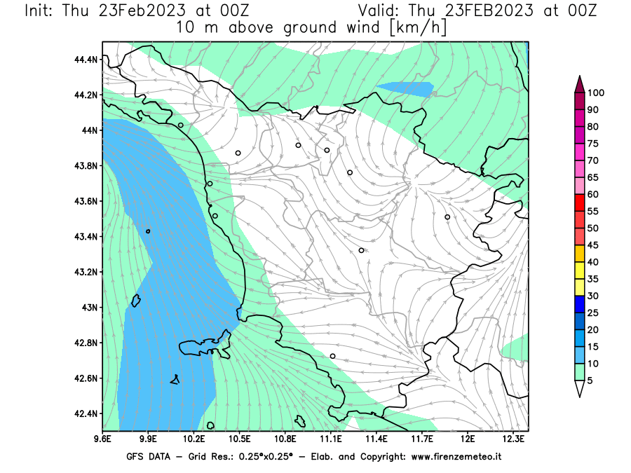 Mappa di analisi GFS - Velocità del vento a 10 metri dal suolo [km/h] in Toscana
							del 23/02/2023 00 <!--googleoff: index-->UTC<!--googleon: index-->