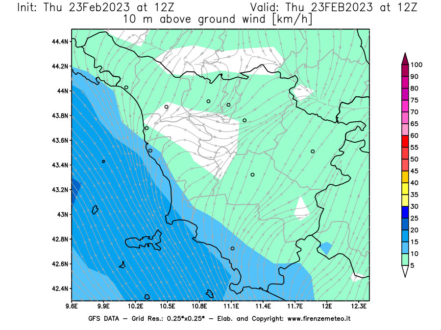 Mappa di analisi GFS - Velocità del vento a 10 metri dal suolo [km/h] in Toscana
							del 23/02/2023 12 <!--googleoff: index-->UTC<!--googleon: index-->