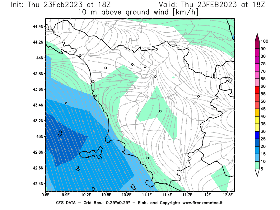 Mappa di analisi GFS - Velocità del vento a 10 metri dal suolo [km/h] in Toscana
							del 23/02/2023 18 <!--googleoff: index-->UTC<!--googleon: index-->