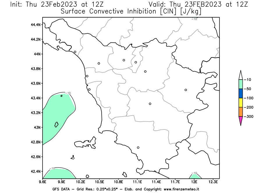 Mappa di analisi GFS - CIN [J/kg] in Toscana
							del 23/02/2023 12 <!--googleoff: index-->UTC<!--googleon: index-->
