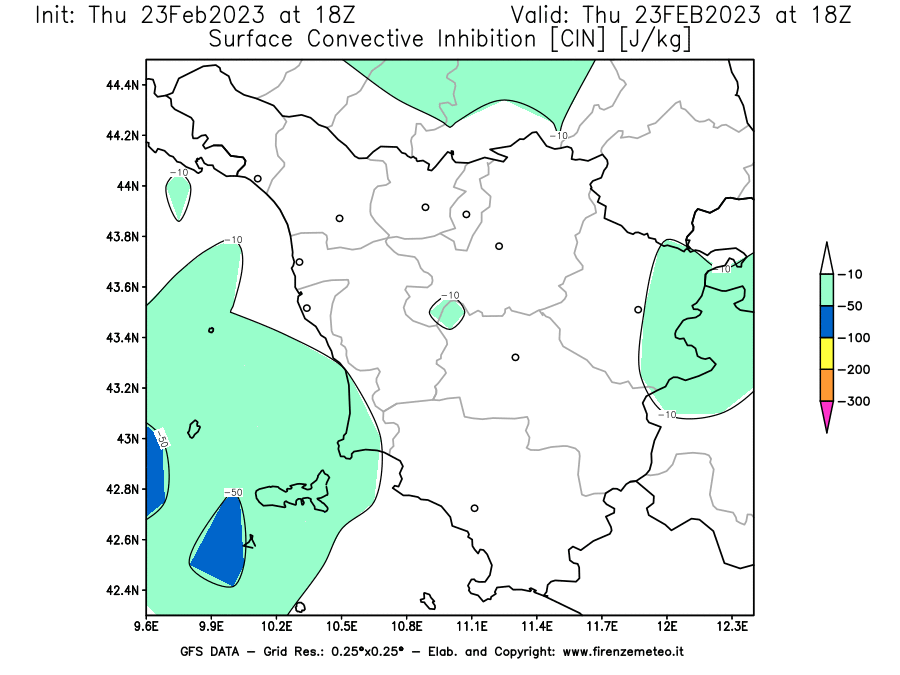 Mappa di analisi GFS - CIN [J/kg] in Toscana
							del 23/02/2023 18 <!--googleoff: index-->UTC<!--googleon: index-->